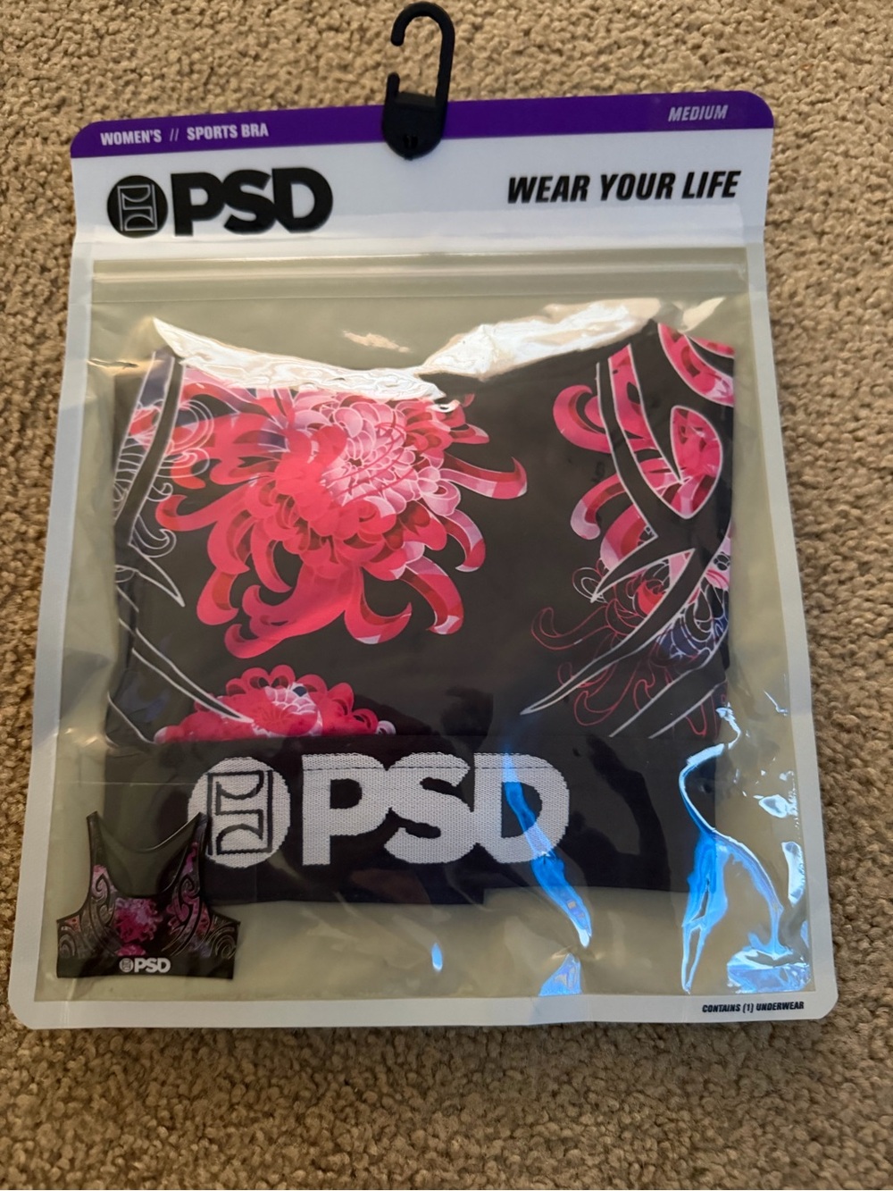 PSD Black Sports Bra with Pink Floral Design
